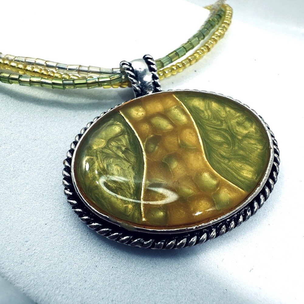 KC Signed Multi Strand‎ Beaded Necklace Green Gold Resin Pendant Boho 18" Unique